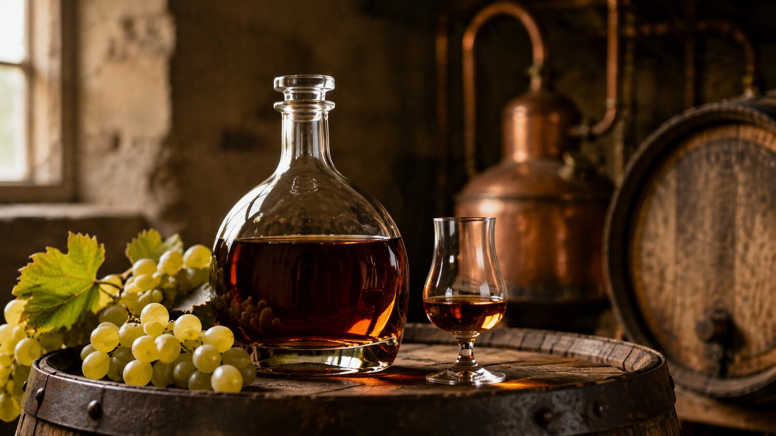 Armagnac ámbar en copa de cata junto a uvas, roble y alambique