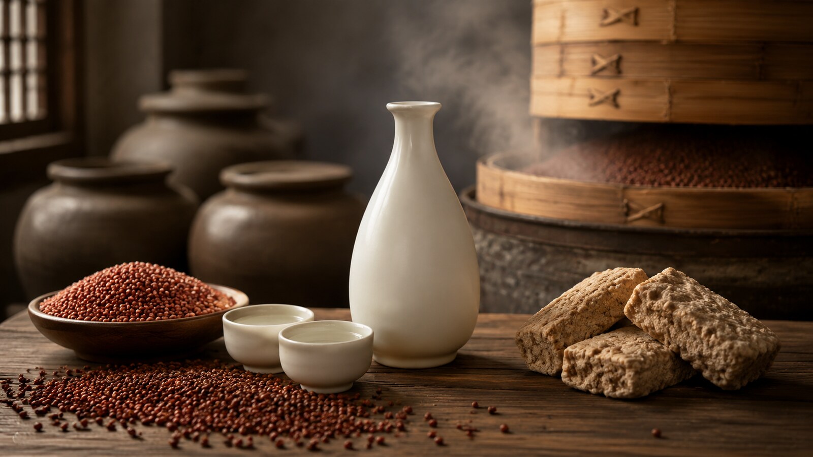 Servicio de baijiu junto a sorgo, qu y recipientes tradicionales de fermentación