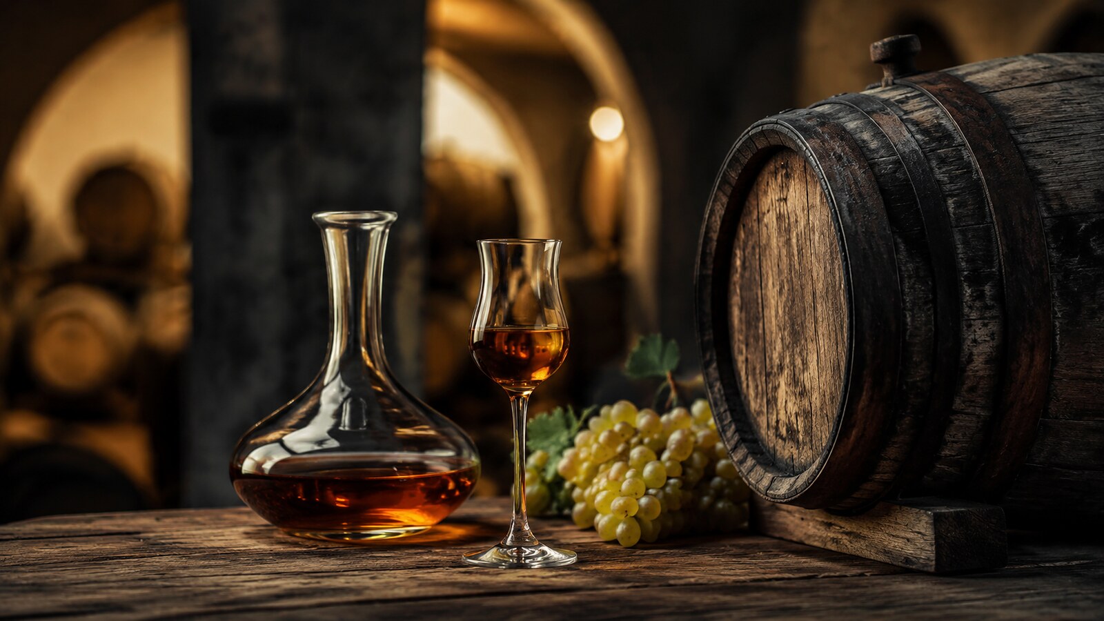 Brandy de vino servido junto a uvas y barricas de roble