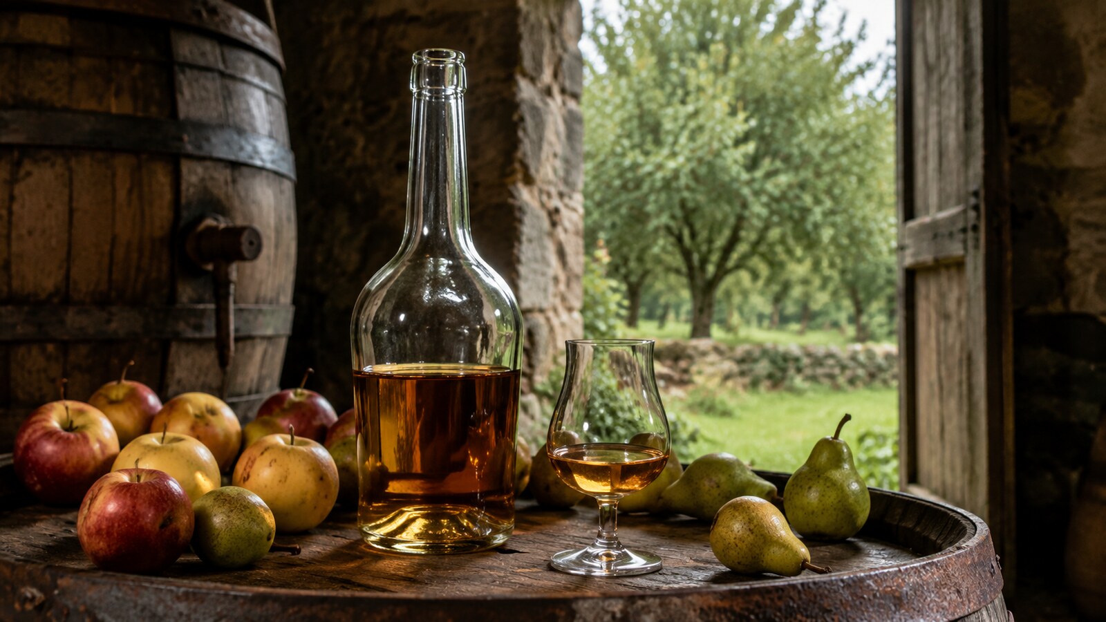 Calvados ámbar en copa junto a manzanas de sidra, peras y un tonel
