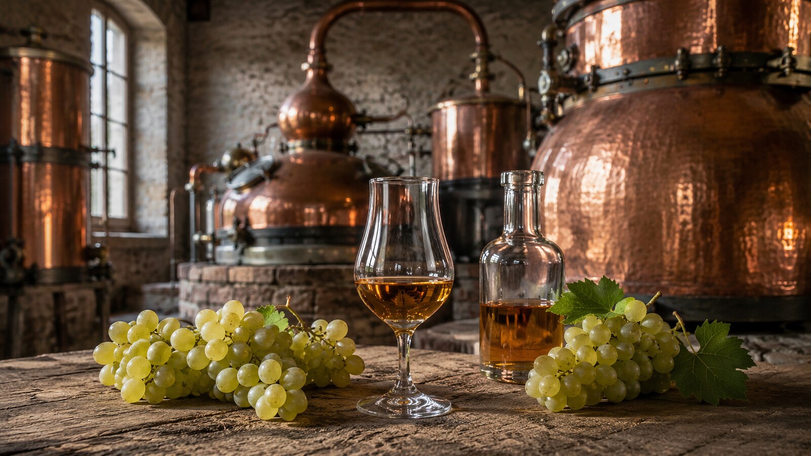 Coñac en copa de cata junto a uvas blancas y alambique charentais
