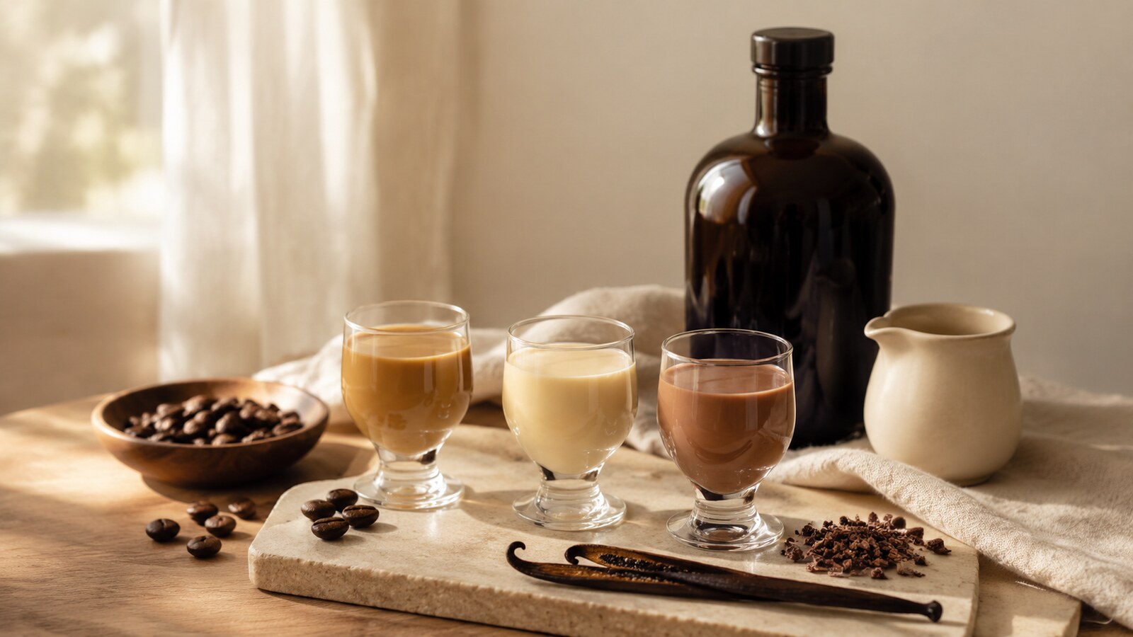 Licores crema de café, cacao y vainilla en pequeñas copas sin marcas