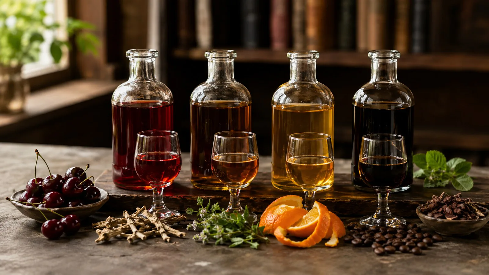 Licores de frutas, hierbas, café y cítricos servidos en pequeñas copas