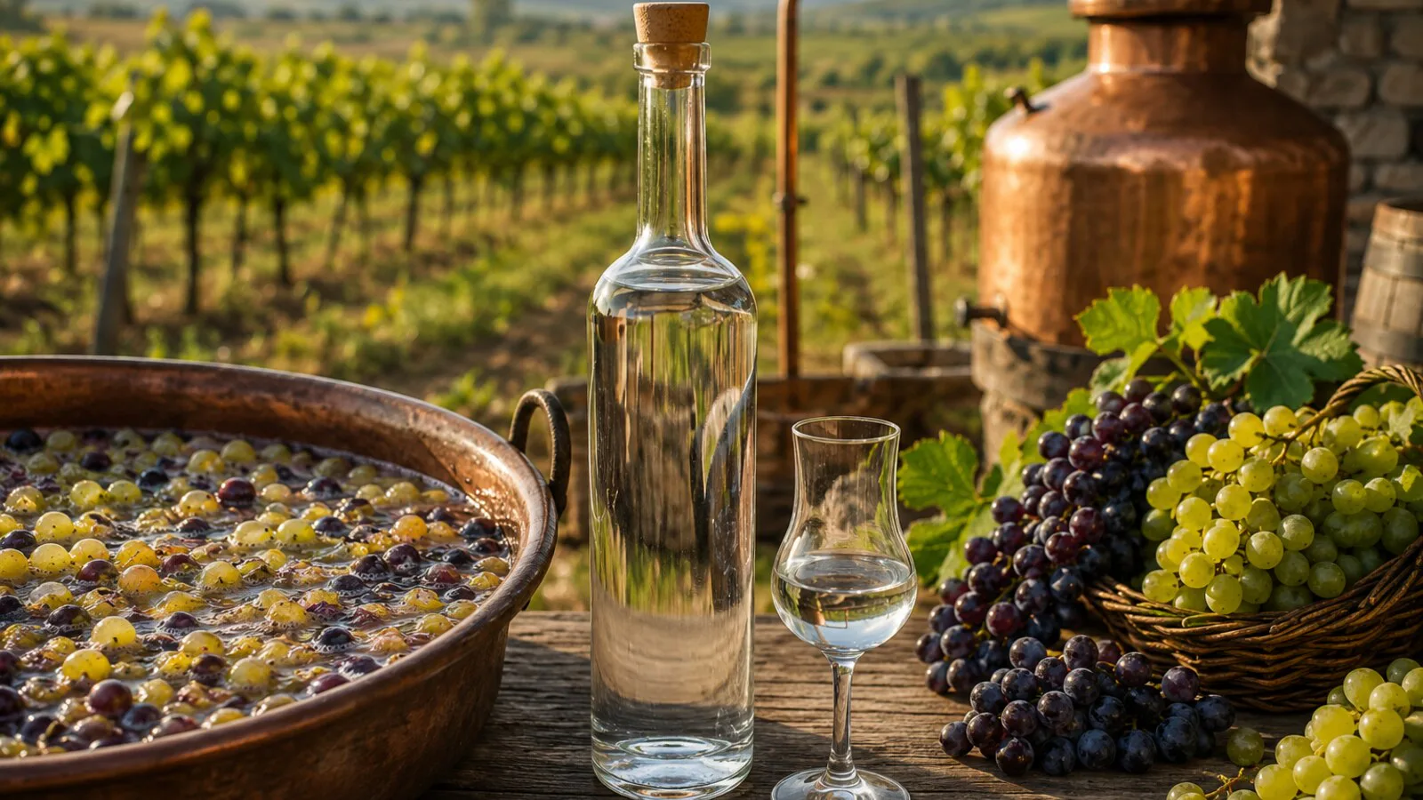 Lozovača transparente junto a uvas maduras y un alambique balcánico
