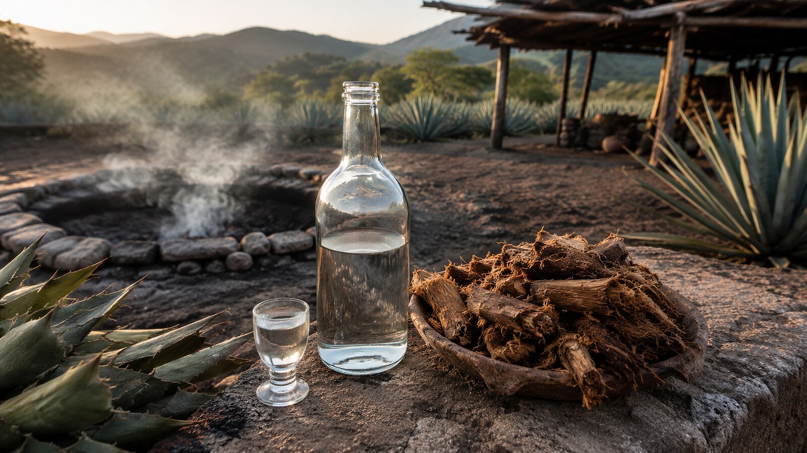 Mezcal servido junto a magueyes y un horno de tierra