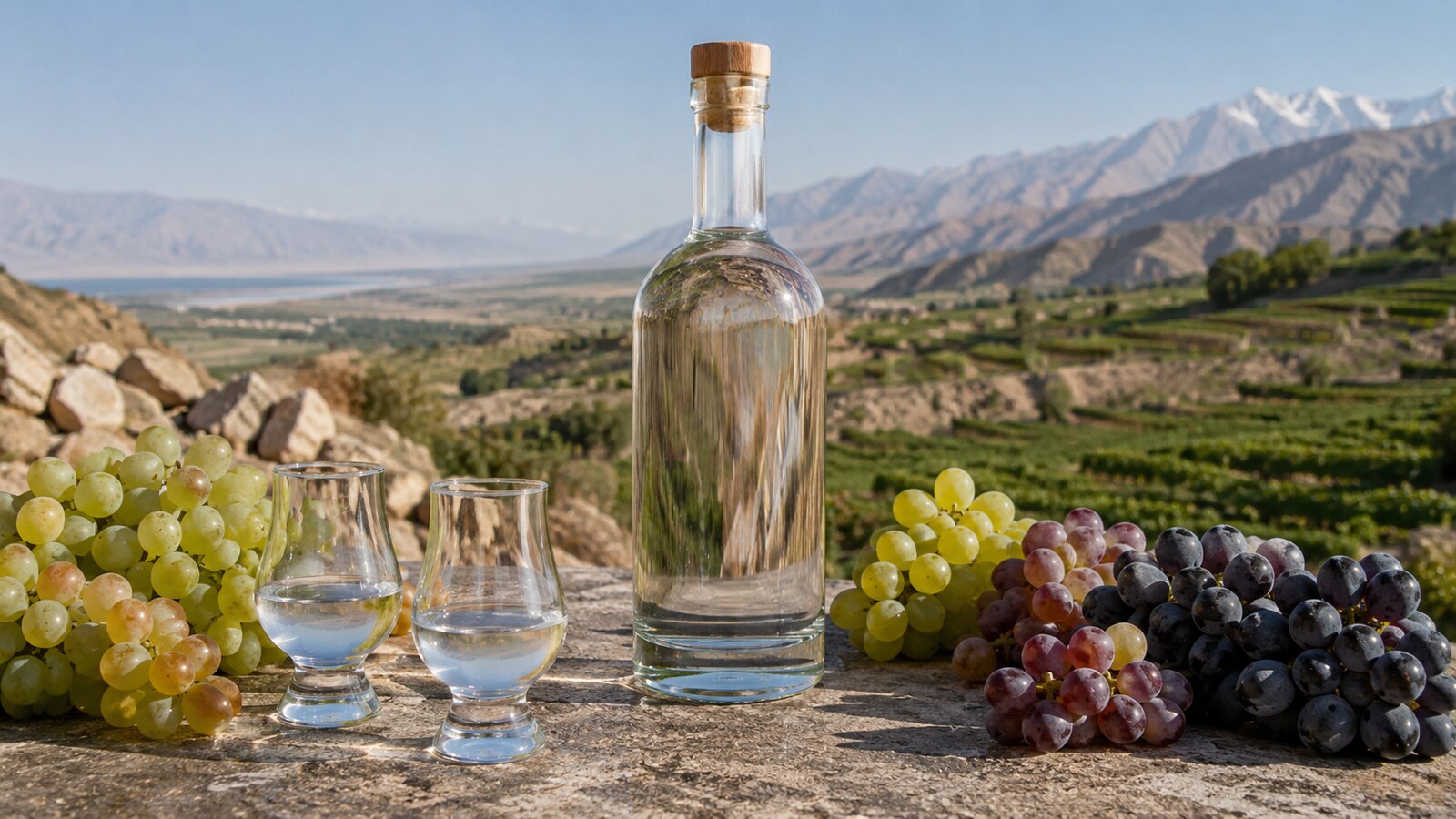 Pisco transparente en botella y copas junto a uvas y un viñedo andino