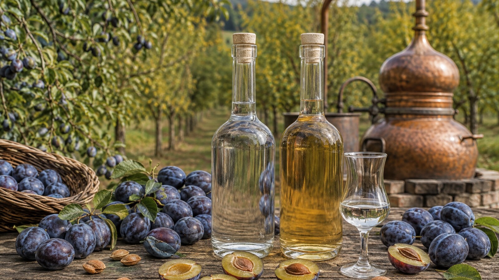 Slivovitz transparente y dorado junto a ciruelas azules y un alambique balcánico