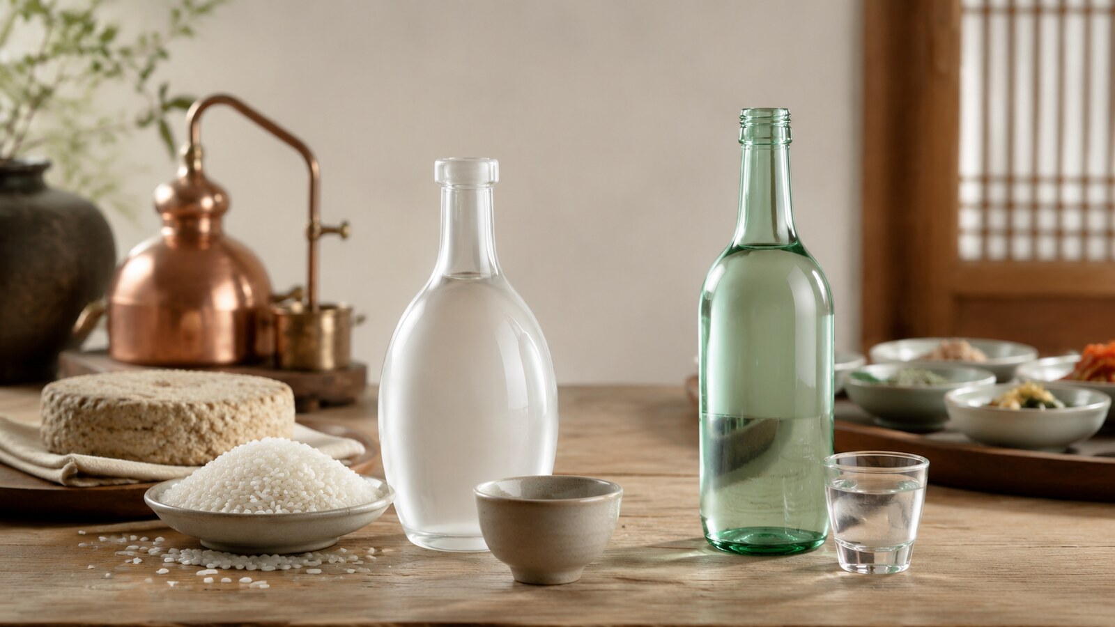 Dos estilos de soju coreano junto a arroz, nuruk y una mesa de comida