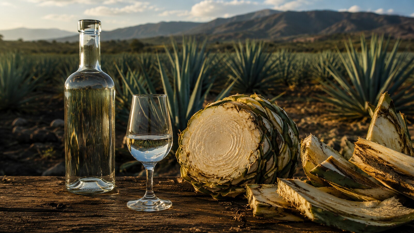 Tequila blanco junto a piñas y campos de agave azul