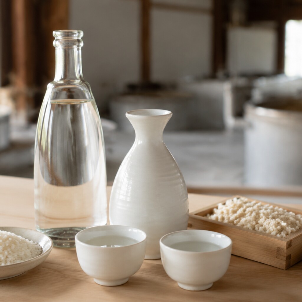 Sake japonés servido junto a arroz pulido y arroz koji