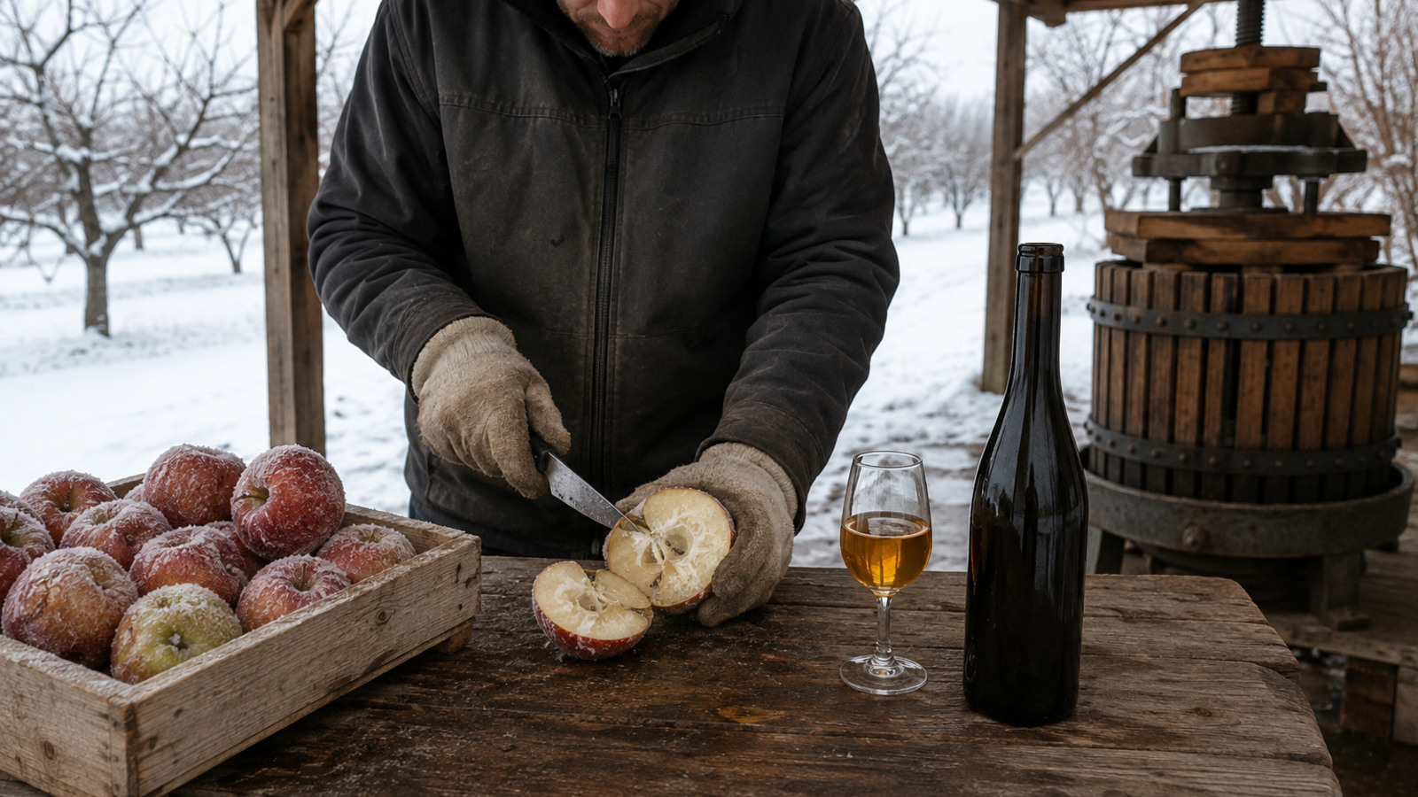 Manzanas congeladas de forma natural y sidra de hielo servida en una copa pequeña