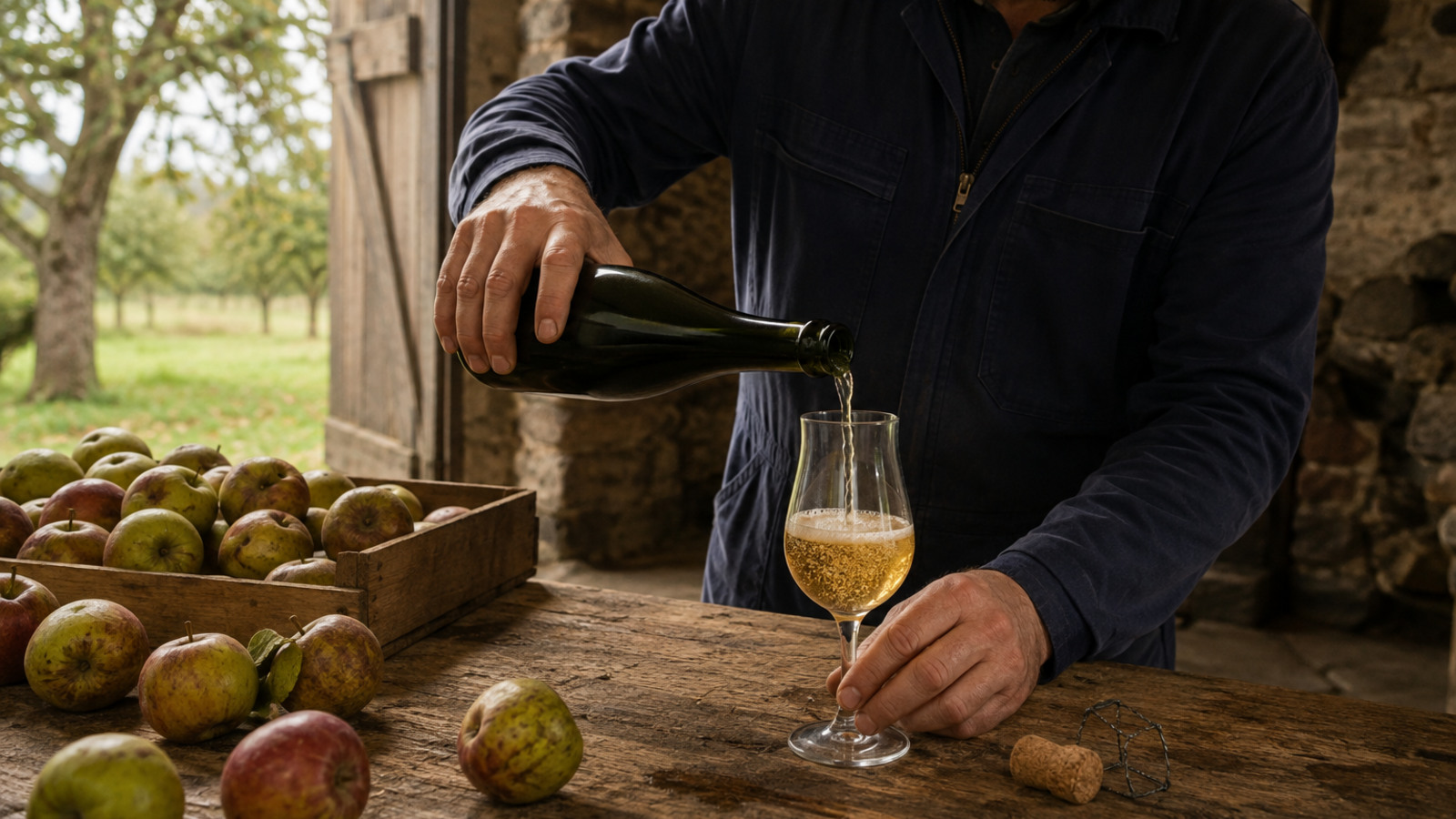 Servicio de cidre francés junto a manzanas de sidra en una bodega normanda