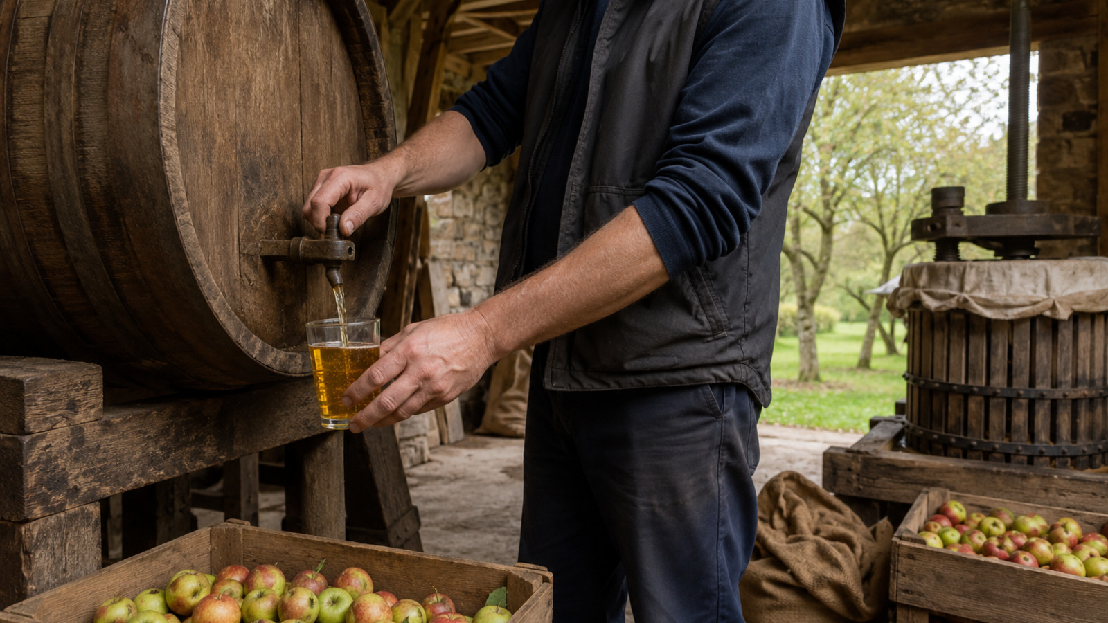 Sidra inglesa servida desde una barrica junto a manzanas tradicionales de cider