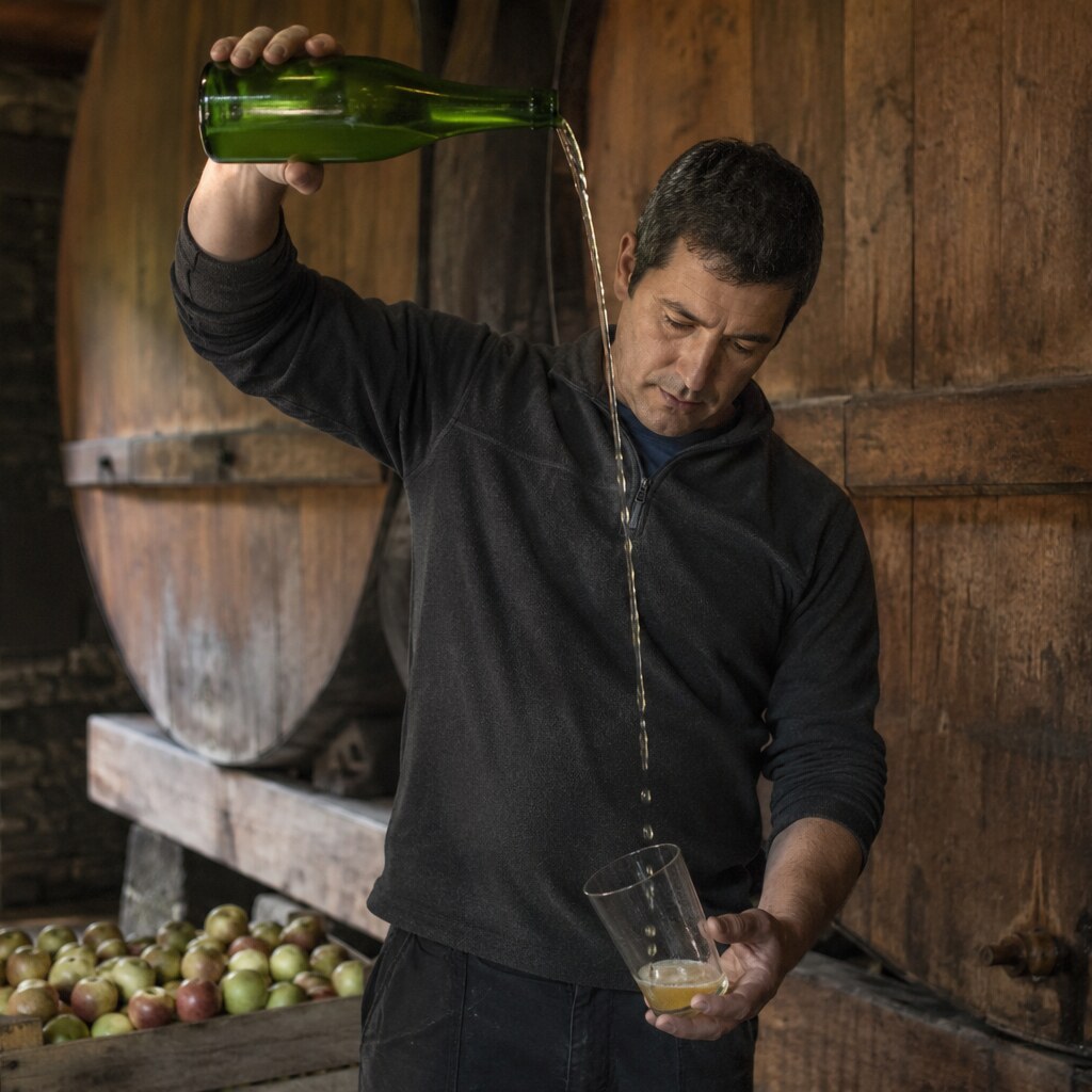 Sidra natural asturiana escanciada en un vaso fino
