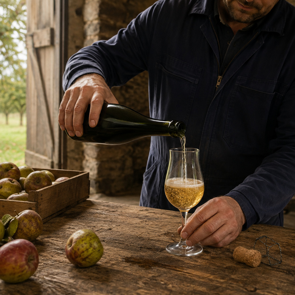 Sidra francesa servida en una copa junto a manzanas