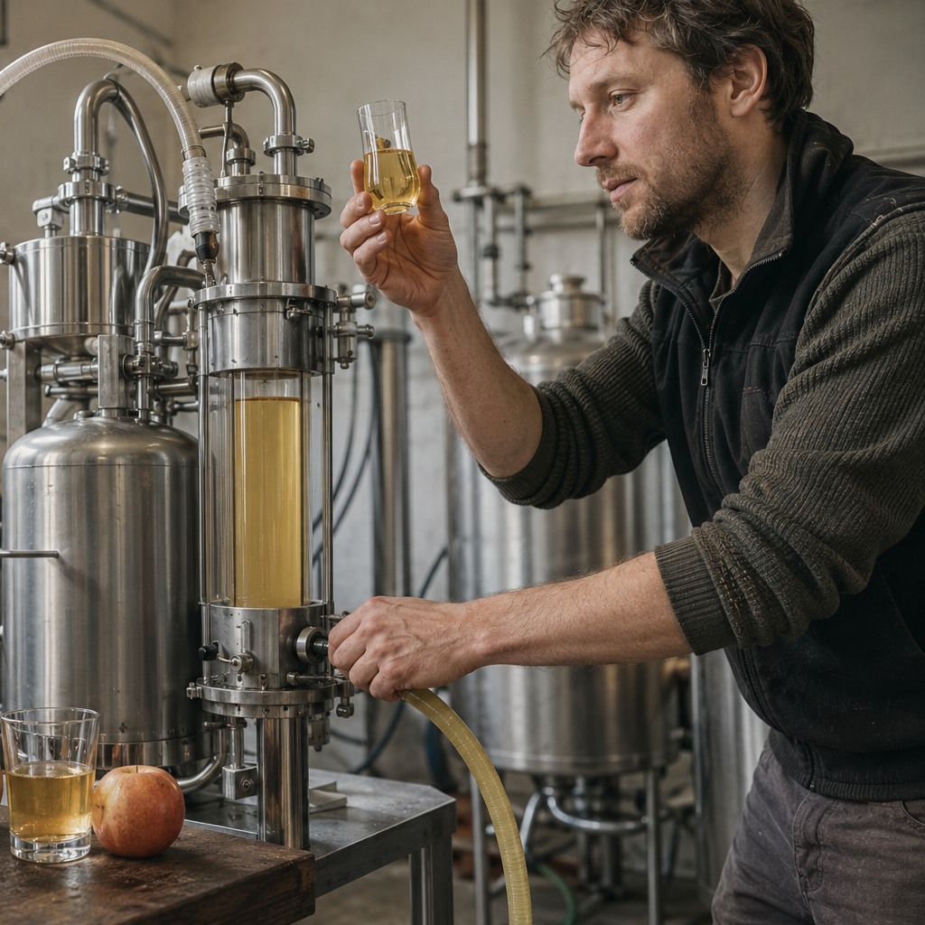 Sidra sin alcohol junto a manzanas y un equipo físico de desalcoholización