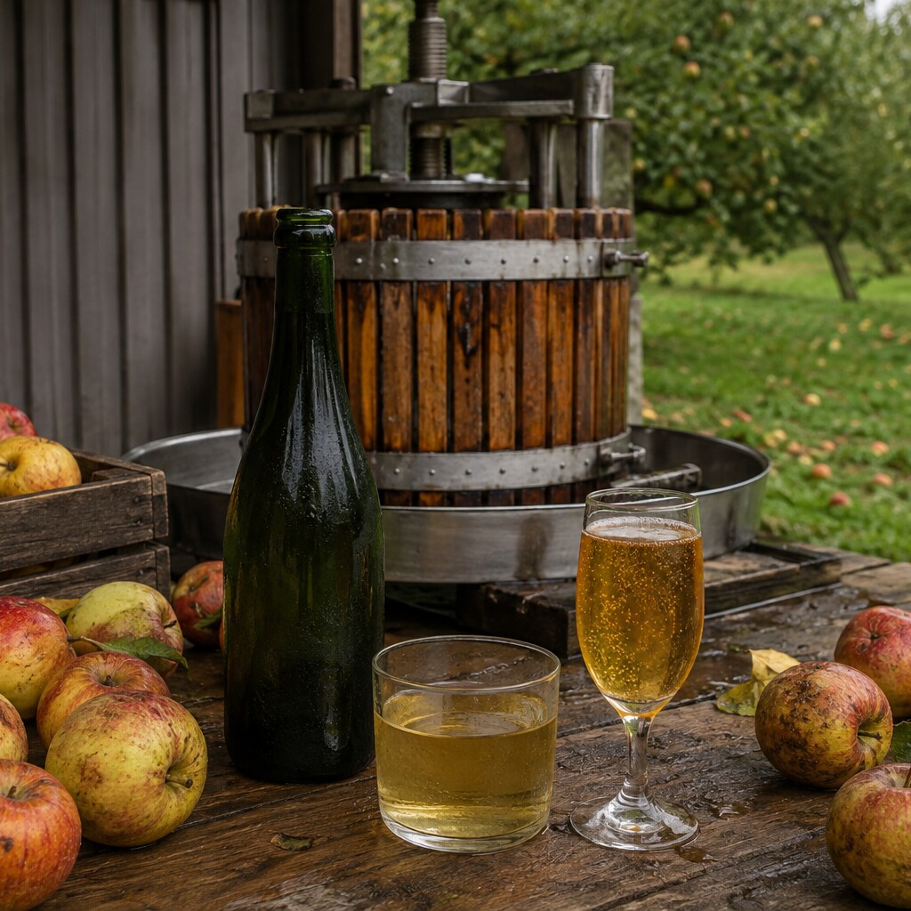 Manzanas sidreras, botella sin etiqueta y vasos con distintos estilos de sidra