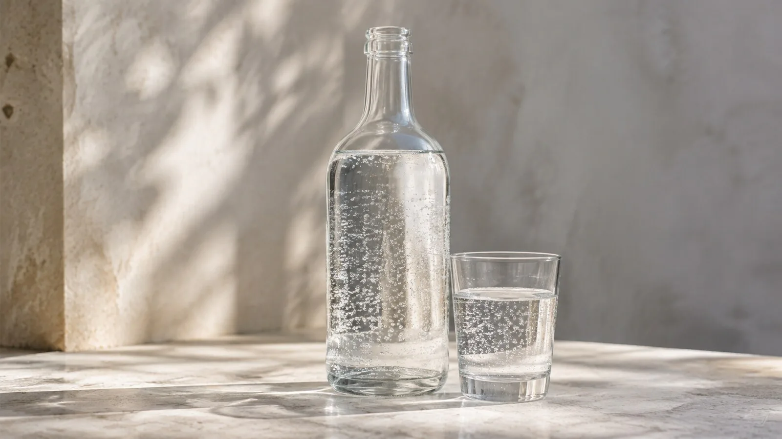 Agua con gas en una botella y un vaso con burbujas finas