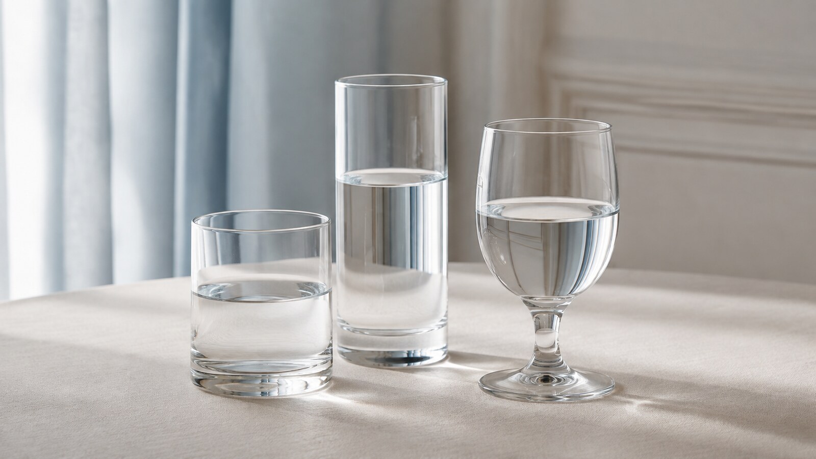Selección neutra de vasos y copas transparentes para servir agua