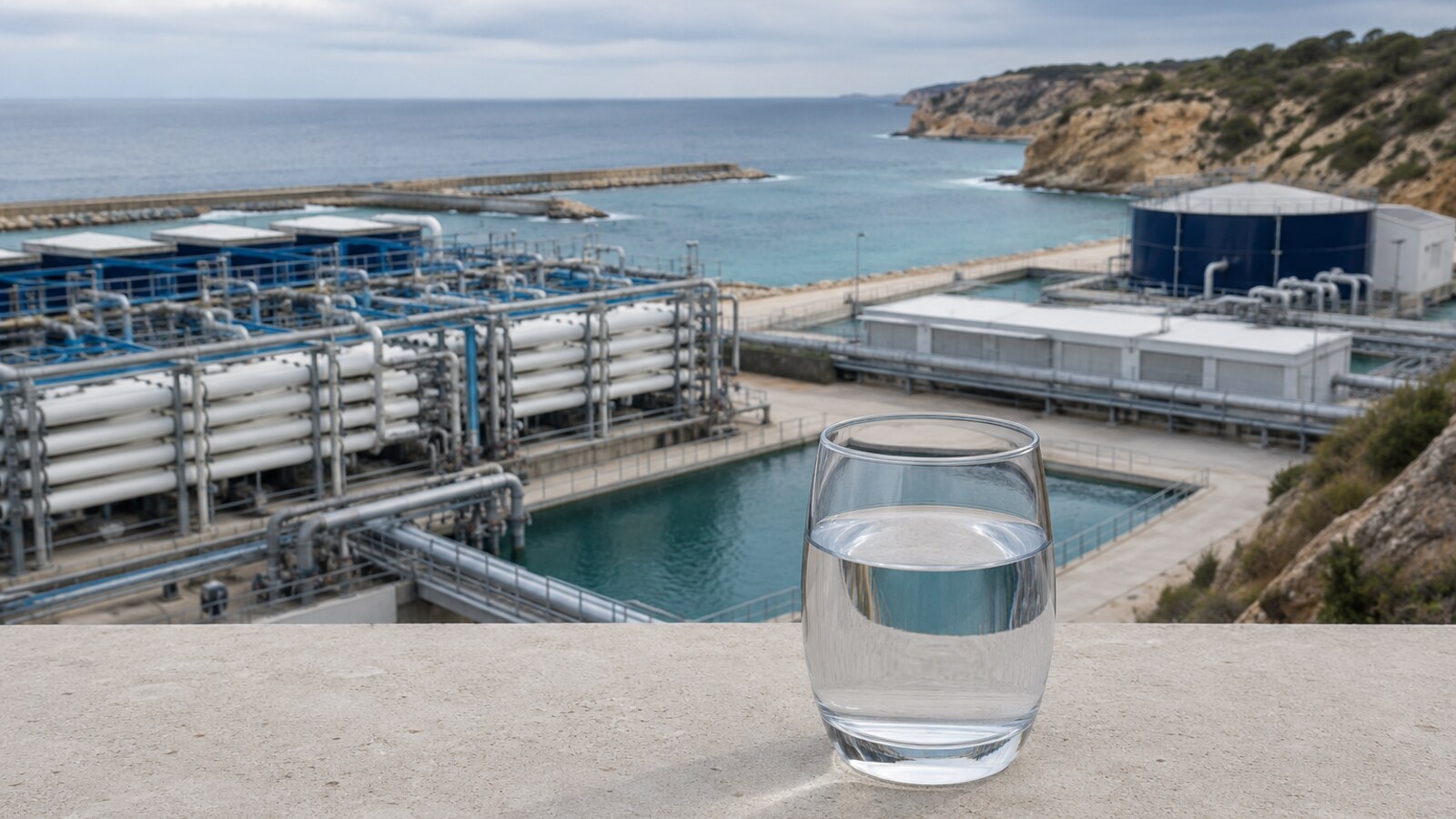 Instalación costera de desalación junto al mar y un vaso de agua tratada