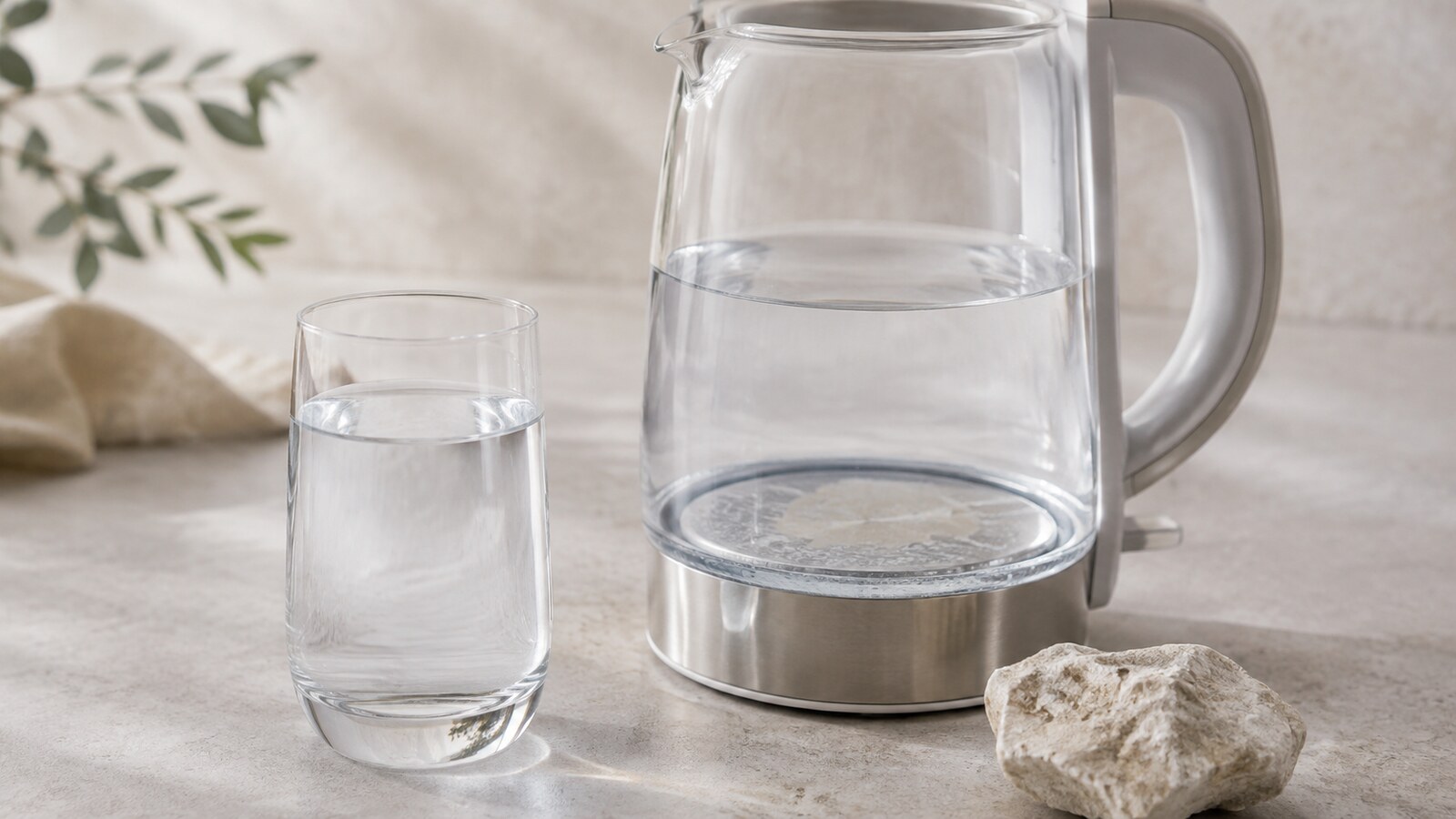 Agua transparente junto a roca caliza y un hervidor limpio con depósito mineral