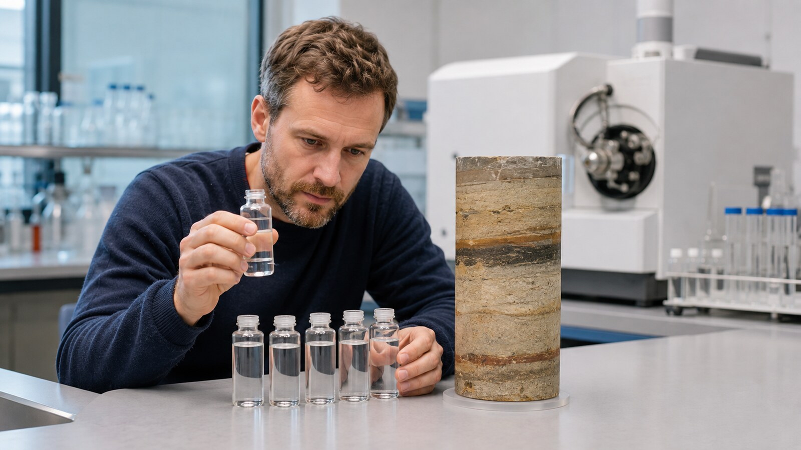 Especialista examinando muestras de agua y un testigo geológico en laboratorio