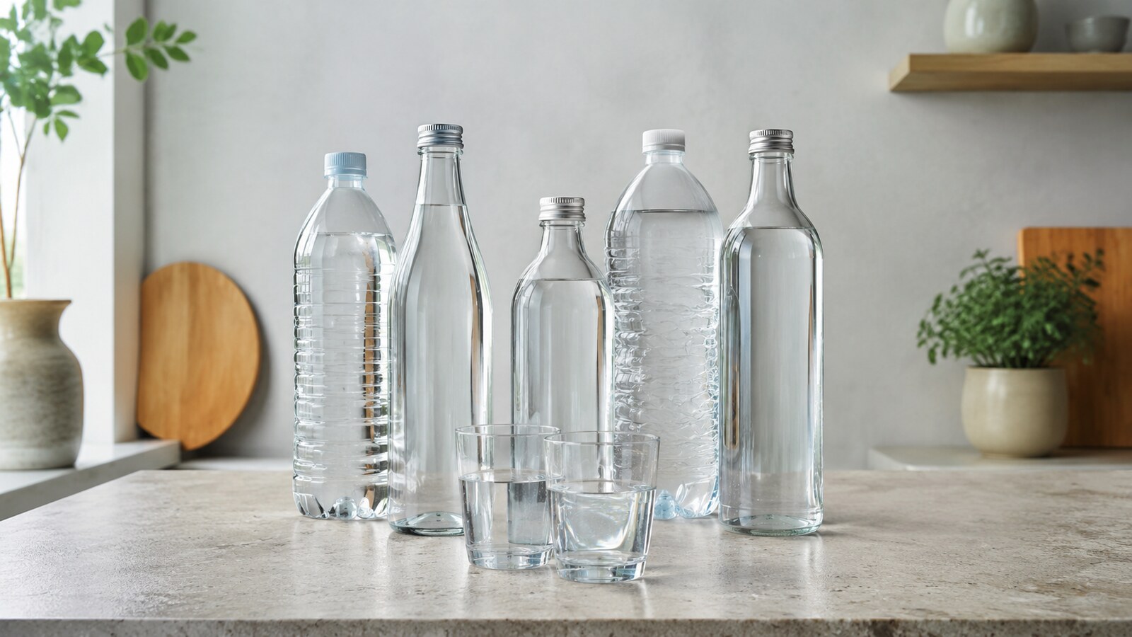 Botellas de vidrio y PET con agua sobre una mesa de trabajo