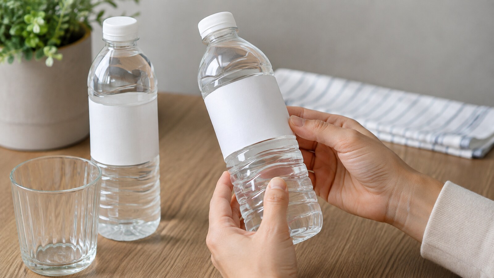 Persona leyendo la etiqueta sin marca de una botella de agua