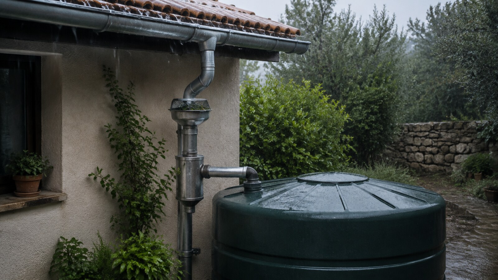 Sistema doméstico de captación de lluvia con canalón y depósito cerrado