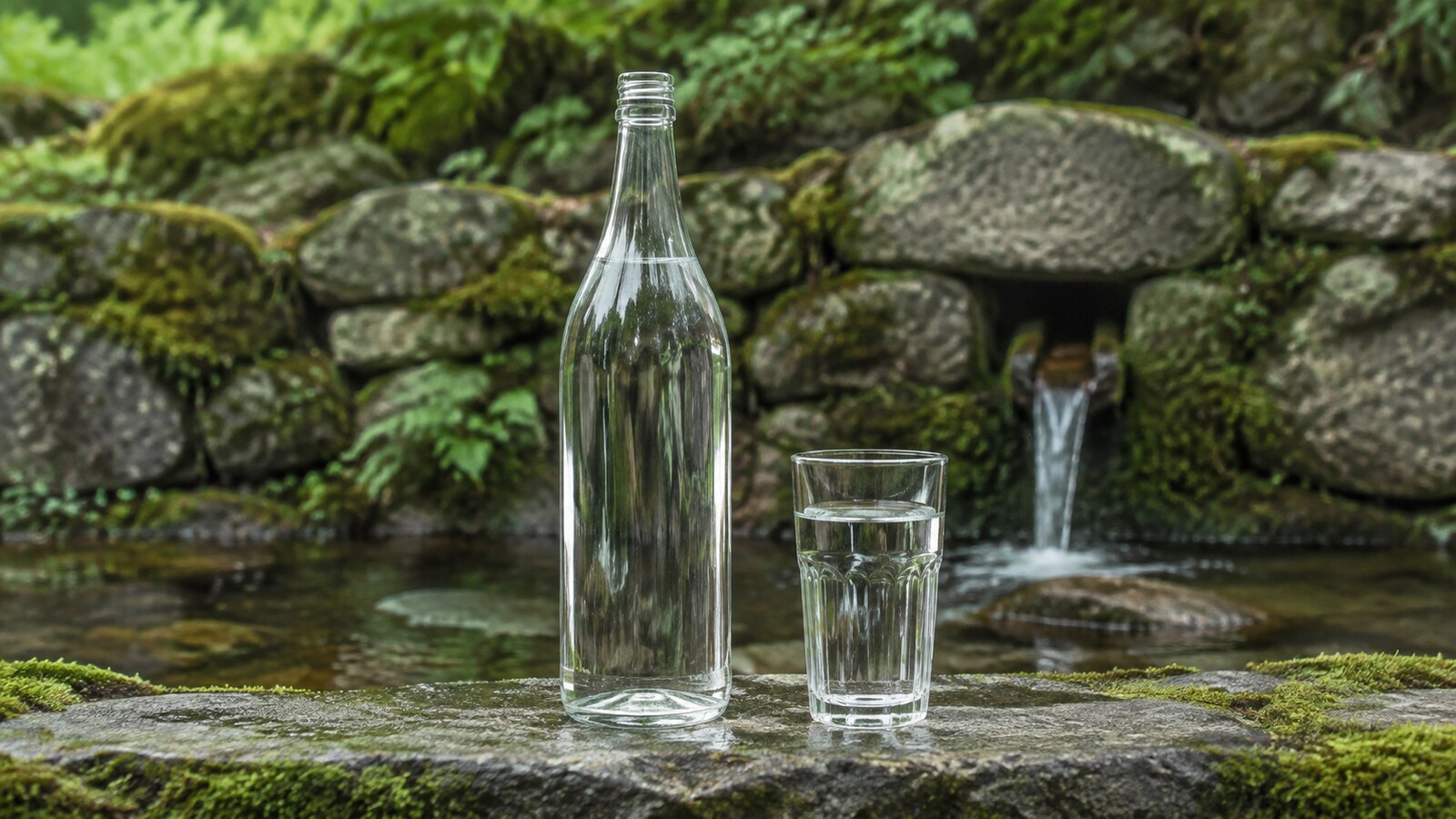 Agua clara emergiendo de un manantial protegido entre rocas