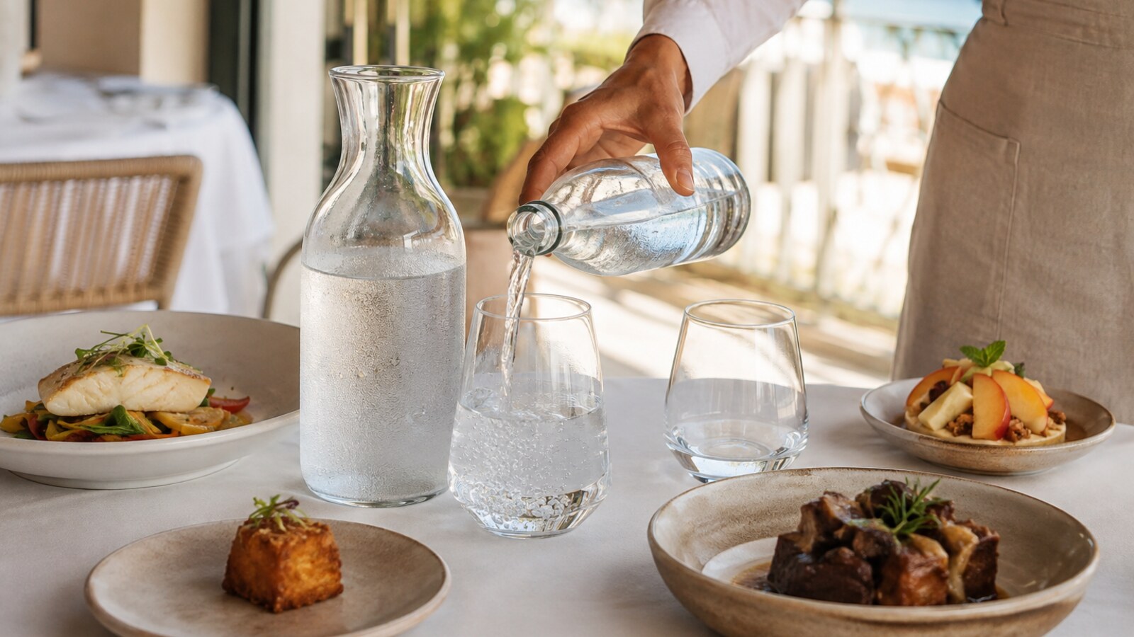 Servicio comparado de agua sin gas y con gas junto a varios platos en una mesa