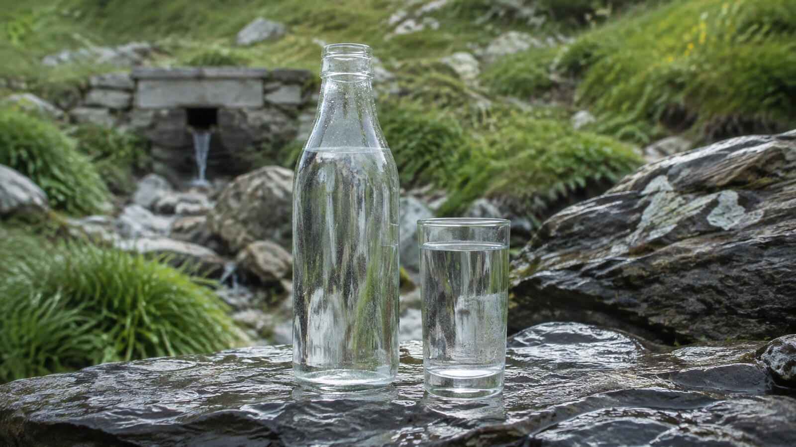 Agua mineral natural en vaso junto a roca húmeda y una captación protegida