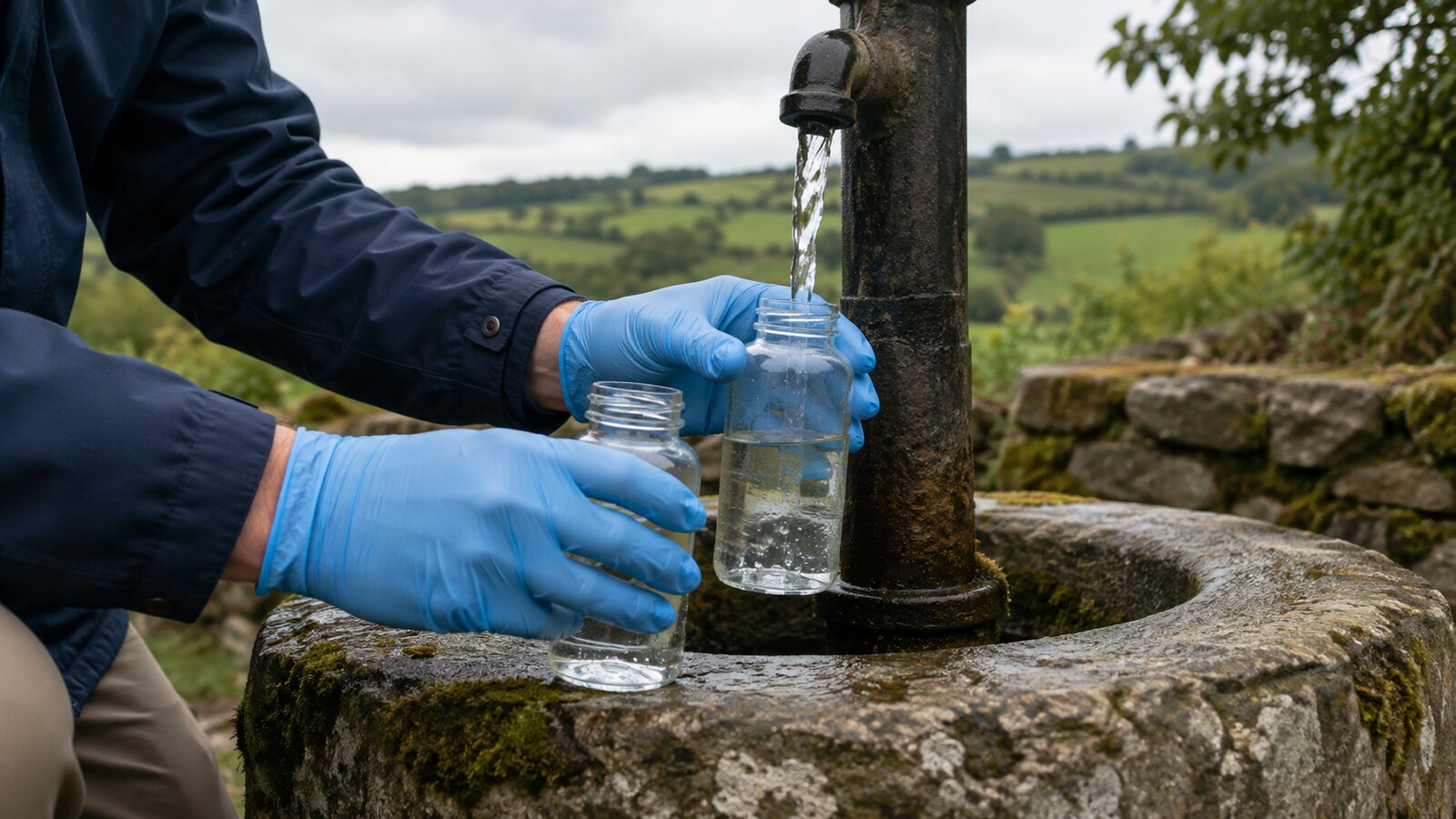 Técnica tomando una muestra de agua de un pozo rural protegido