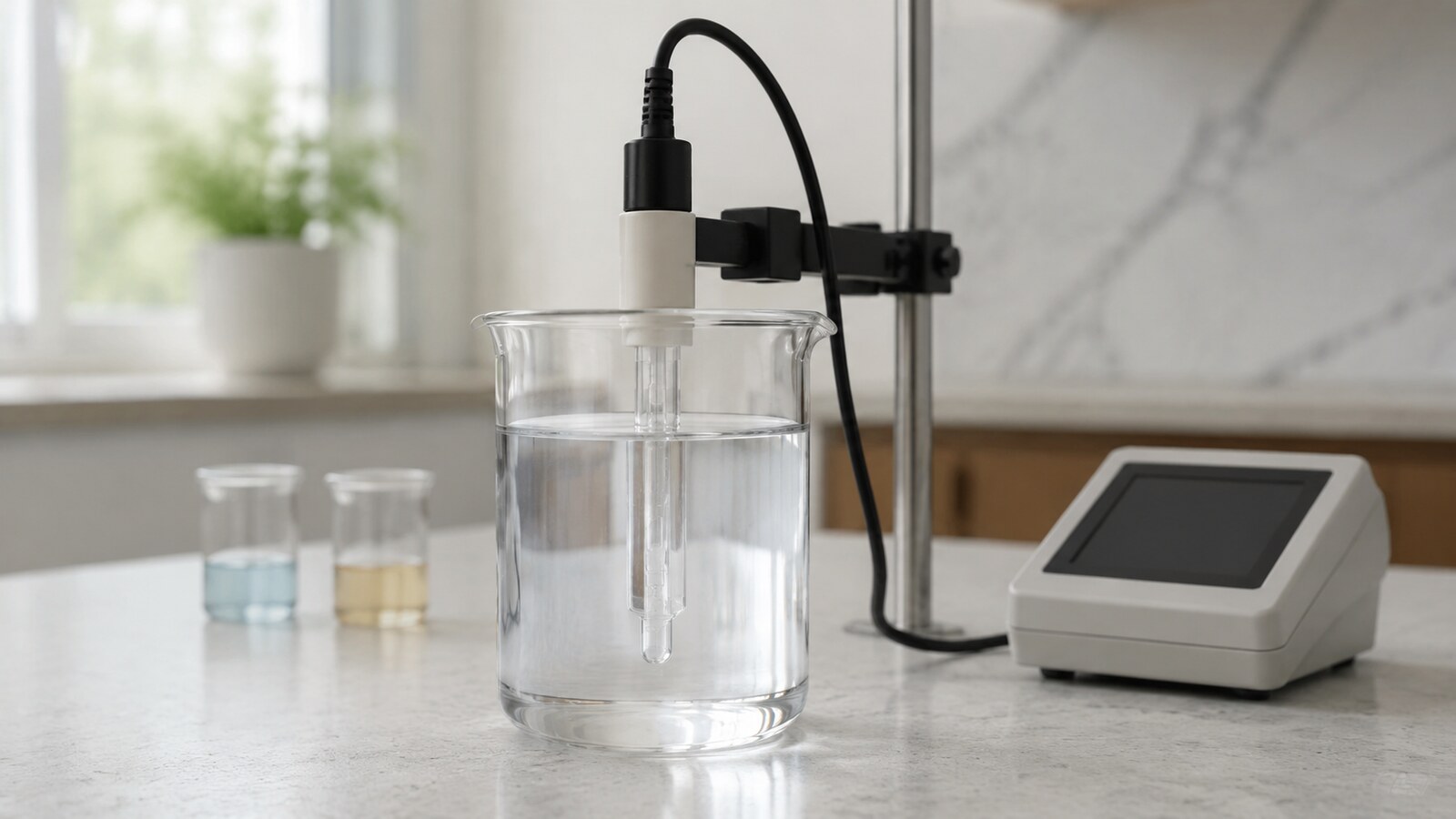 Medición limpia del pH de una muestra de agua con un electrodo de laboratorio