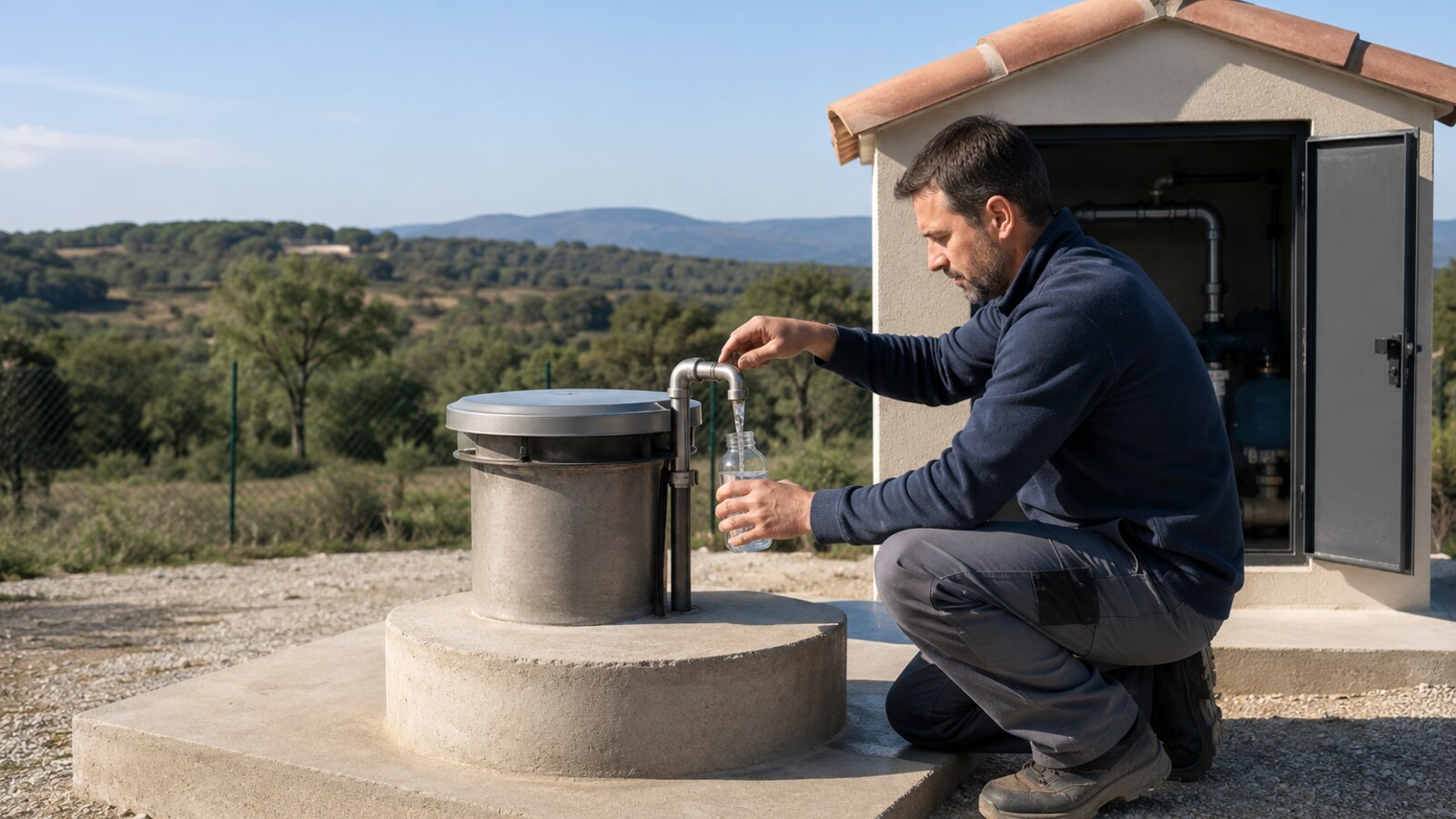 Técnico tomando una muestra junto a un cabezal de pozo protegido