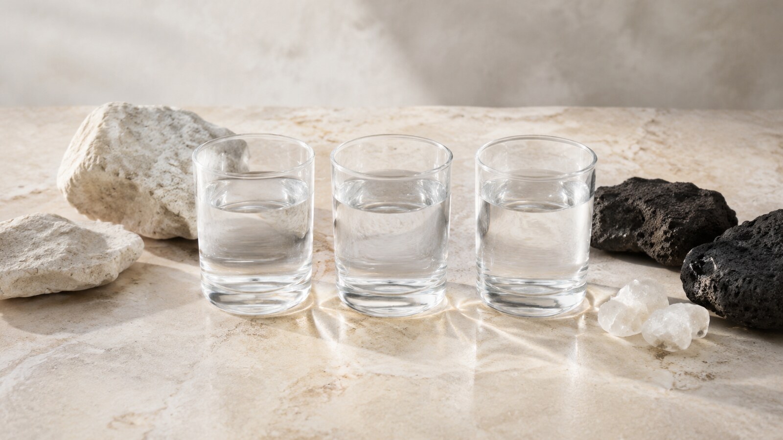 Vasos de agua sobre piedras minerales en una comparación sensorial