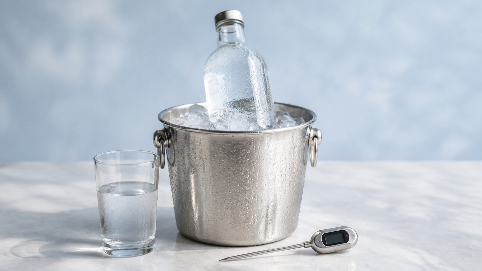 Botella y vaso de agua fresca junto a un termómetro de cocina sin escala visible