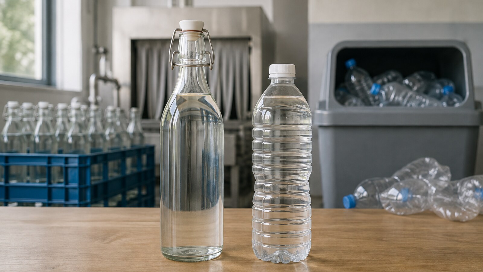 Botella de vidrio retornable y botella de PET sin marcas colocadas en igualdad de condiciones