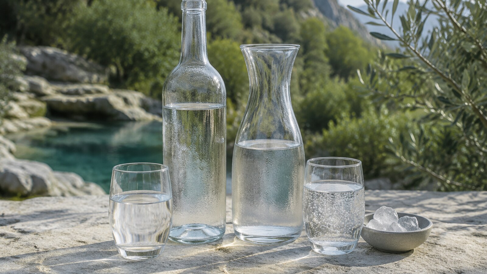 Botellas, jarra y vasos de agua en un entorno natural