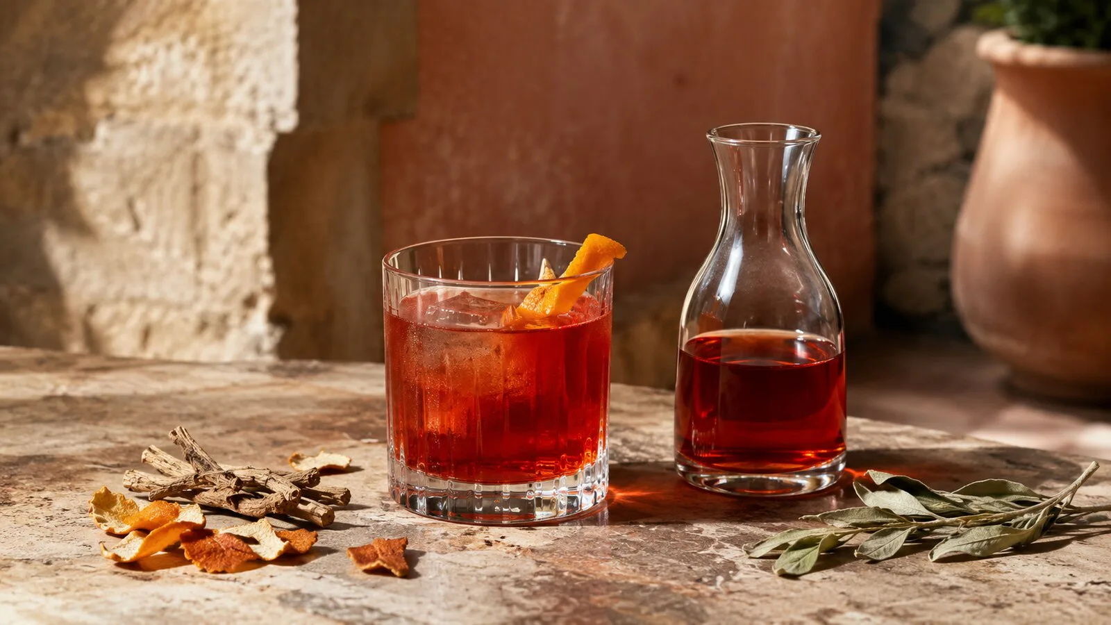 Bitter sin alcohol de color rubí con hielo, piel de naranja y botánicos