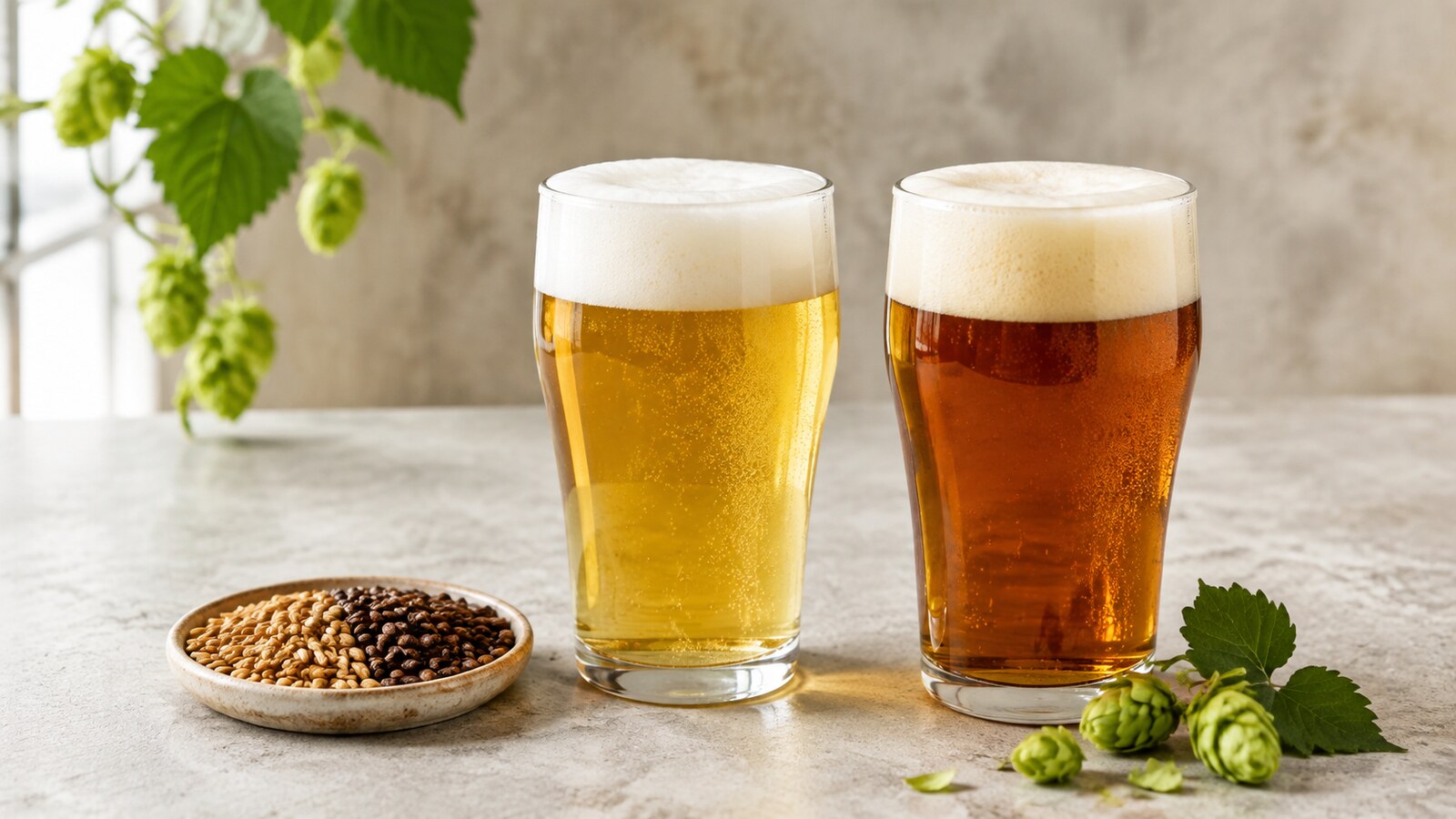 Cervezas sin alcohol clara y tostada con espuma en vasos sin marcas