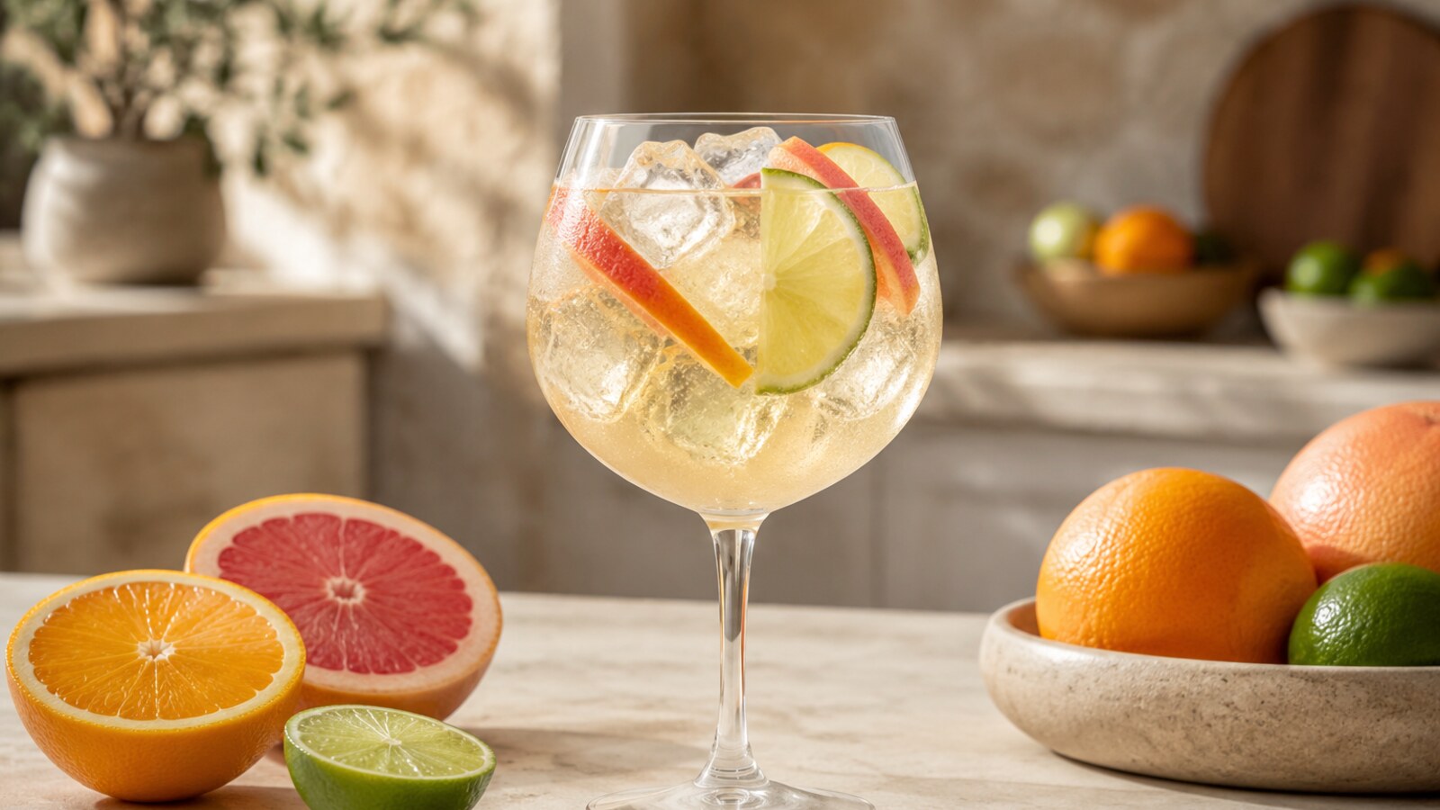 Citrus tonic con naranja, pomelo, lima y cubos de hielo