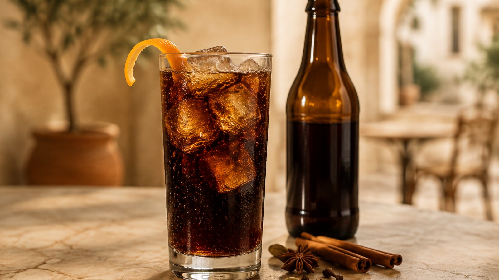 Refresco de cola servido frío en un vaso con hielo