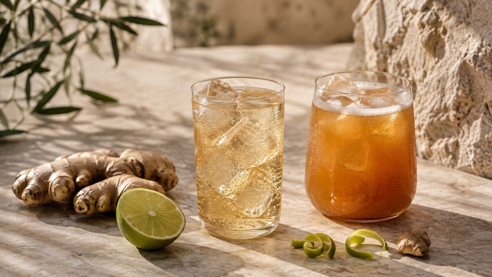 Dos vasos de bebidas de jengibre con hielo, lima y raíz fresca