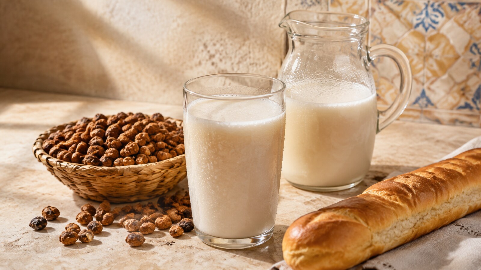 Jarra y vaso de horchata de chufa fría junto a chufas secas