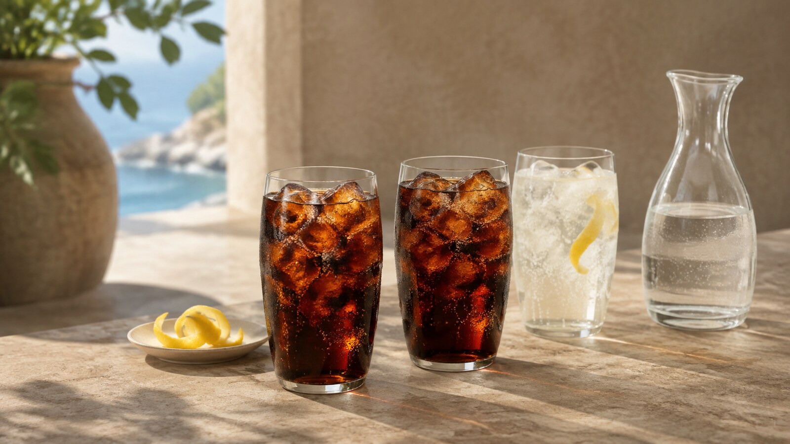 Dos refrescos genéricos con hielo que representan una versión clásica y otra sin azúcar