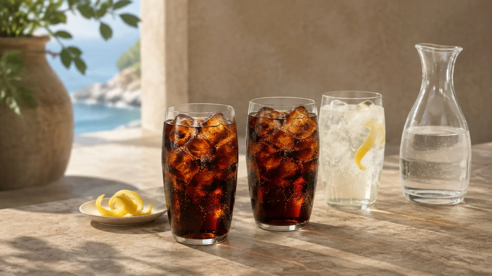 Dos refrescos genéricos con hielo que representan una versión clásica y otra sin azúcar