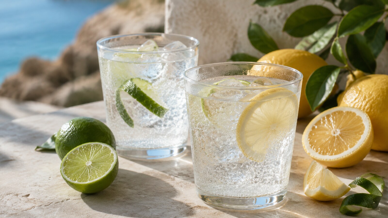 Vasos de refresco de limón y lima-limón con hielo y cítricos frescos