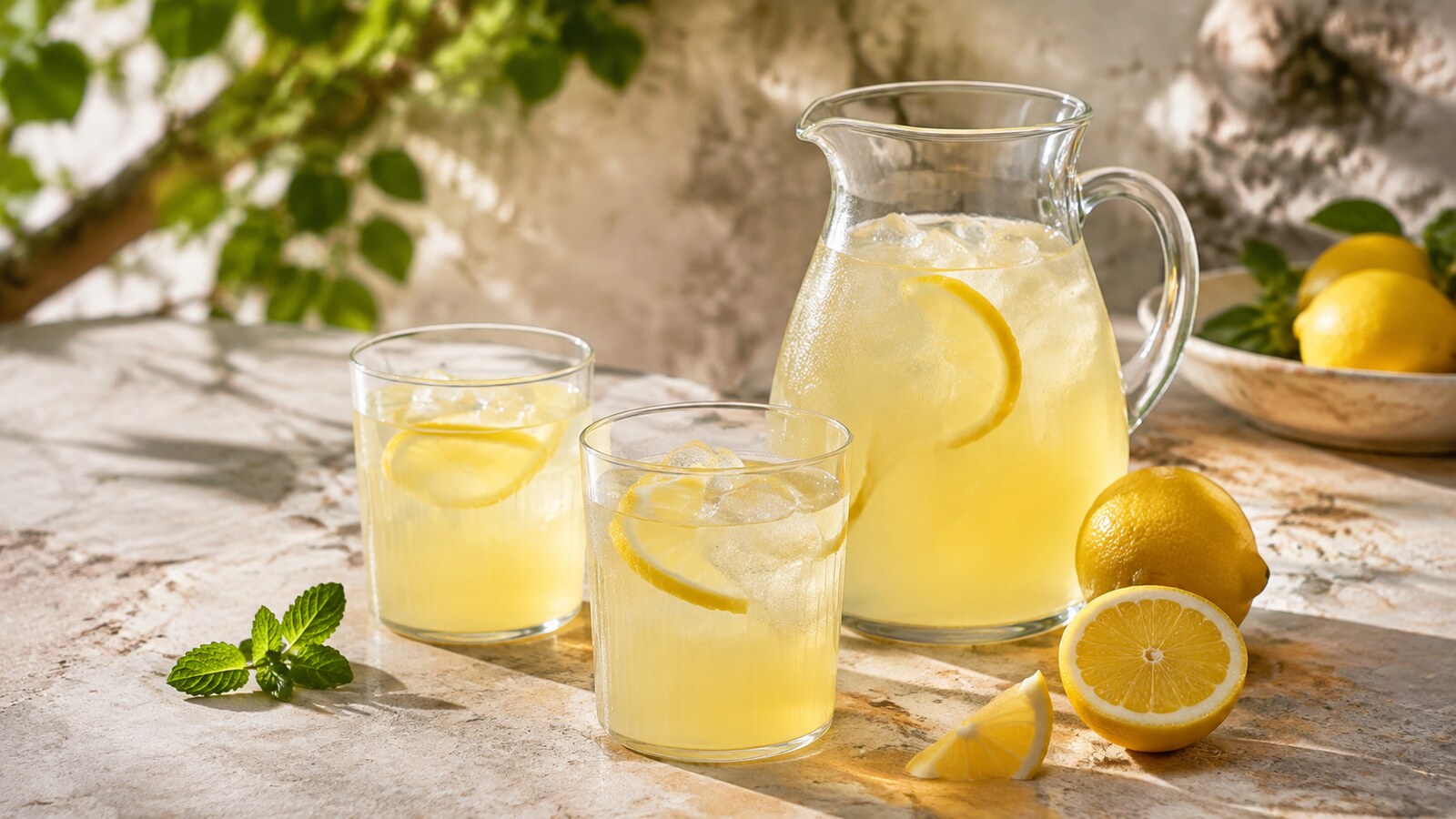 Jarra y dos vasos de limonada casera con hielo, limones y piel fina