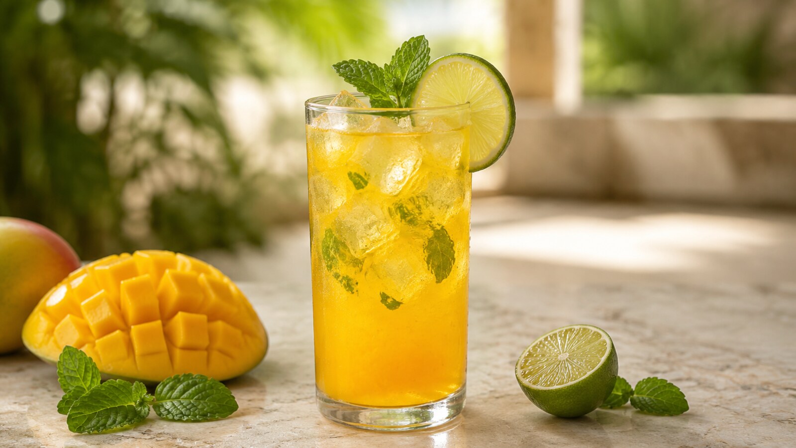 Mocktail amarillo de mango con menta fresca y hielo